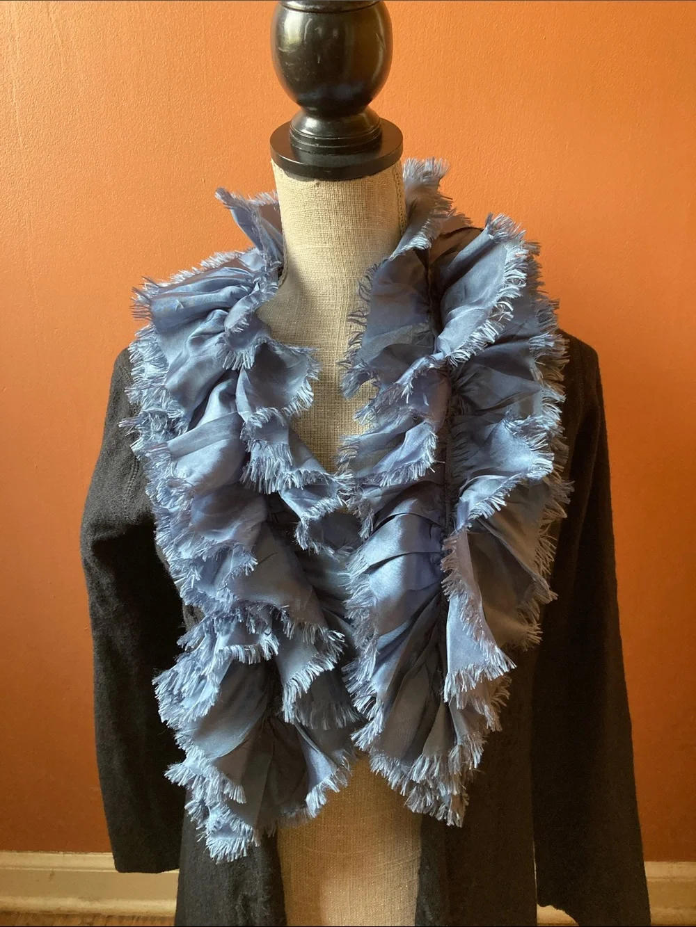 Peoria Emporium Black Wool Cardigan with Dusty Blue Ruffles